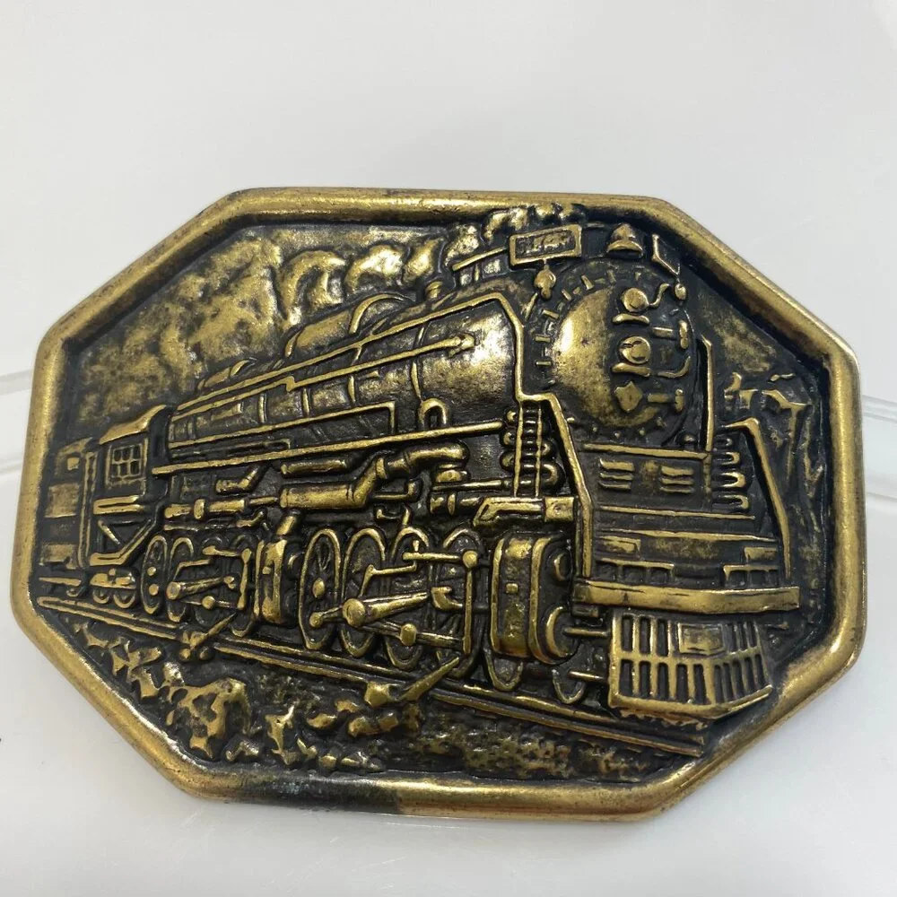 Vintage 80s Train Collectors Brass Steam Made In USA Railroad Engine Belt Buckle